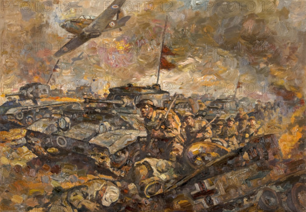 British soldiers and tanks advancing, between 1939 and 1946. Creators: Central Office of Information, Unknown.