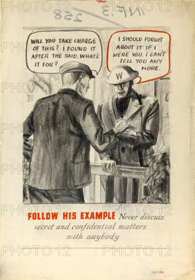 'Follow his example. Never discuss secret and confidential..., WWII poster, between 1939 and 1946. Creators: Central Office of Information, Unknown.