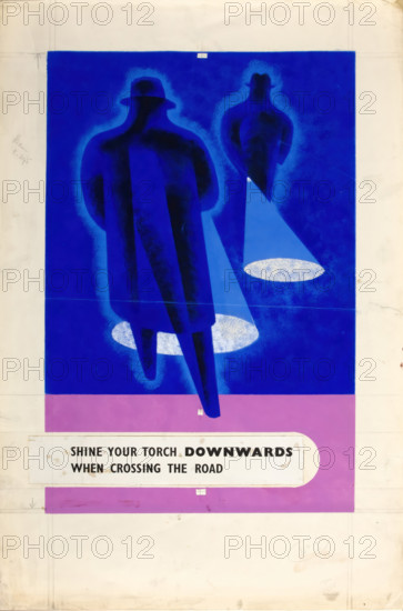 'Shine your torch downwards when crossing the road', WWII road safety poster, between 1939-1946. Creators: Central Office of Information, Tom Gentleman.