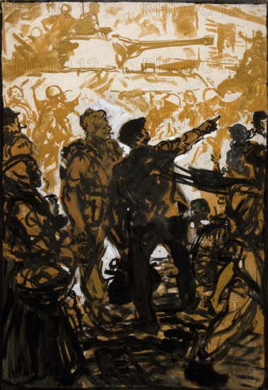 Unity of Strength WWII poster: Troops and tank moving through crowded..., between 1939 and 1946. Creators: Central Office of Information, Unknown.