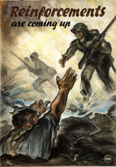 Unity of Strength: 'Reinforcements are coming up' WWII poster, between 1939 and 1946. Creators: Central Office of Information, Unknown.