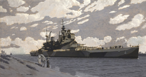 Battleship in Suez Canal [HMS Howe], between 1939 and 1946. Creators: Central Office of Information, Charles Pears.