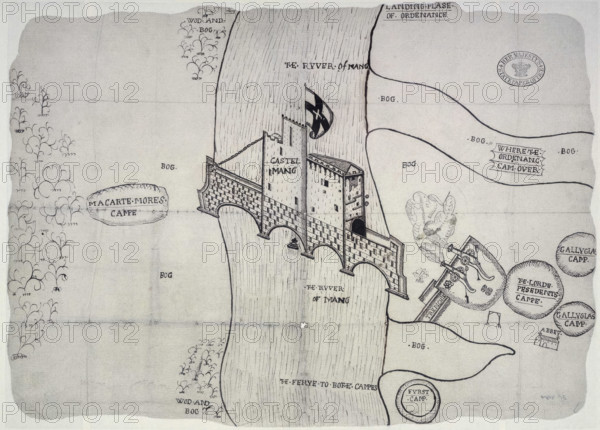 Plan depicting the siege by Sir John Perot, Lord President of Munster, County Kerry Castlemaine,1572 Creator: Unknown.