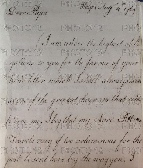 Letter from William Pitt, 1769. Creator: William Pitt the Younger.