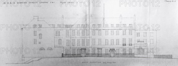 Illustration showing proposed alterations and additions to 10, 11, 12 Downing Street, 1958. Creator: Raymond Erith.