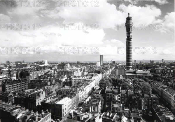 The Post Office Tower during construction, London, between 1961 and 1967. Creator: Property Services Agency. The Post Office Tower during construction, London, between 1961 and 1967. The British Telecom Tower, designed by Eric Bedford, was formerly known as the GPO or Post Office Tower. Butlins managed a revolving restaurant in the tower from 1966 until 1980. A view of the tower from a different angle can be seen in the Trove" episode of British TV drama "Endeavour".