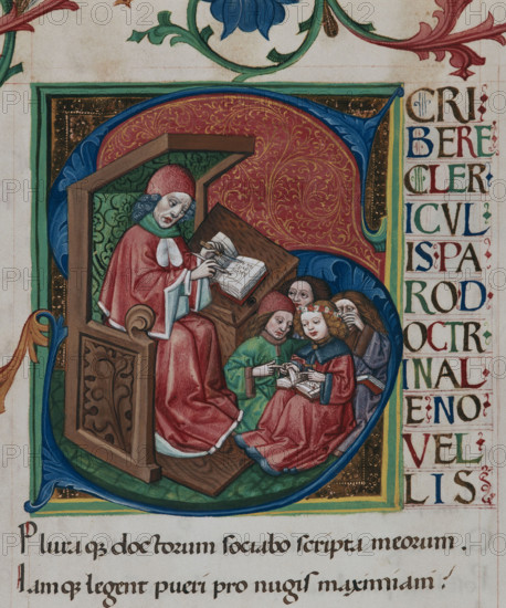 Initial: Learning children. From "Doctrinale puerorum" by Alexander de Villa Dei, c1467-1469. Creator: Anonymous.