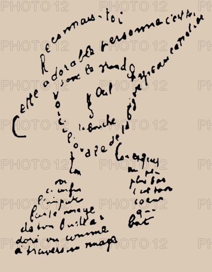 Calligram: "Reconnais-toi", poem to Louise de Coligny-Chatillon, February 9, 1915, 1918. Creator: Apollinaire, Guillaume (1880-1918).