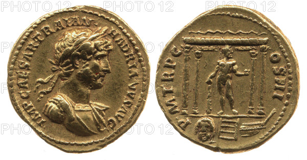 Aureus of Hadrian. Obverse: Laurel head of Hadrian on the right. Reverse: Statue of Hercules, 119... Creator: Numismatic, Ancient Coins  .