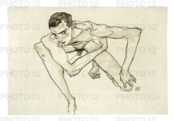 Self Portrait in Crouching Position, 1913. Creator: Schiele, Egon (1890-1918).