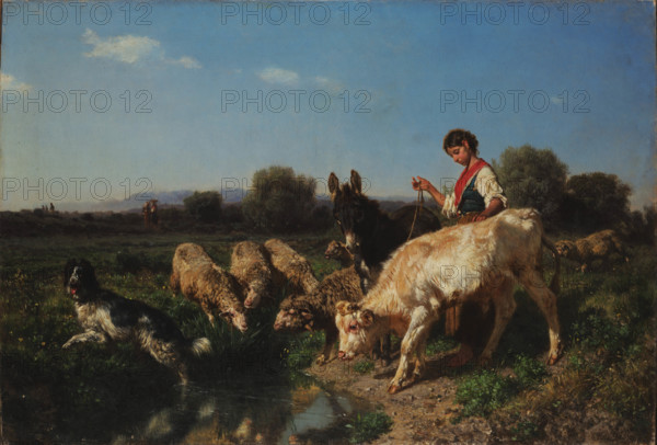 At the watering place. Pastoral scene. Midday. Group of goats and children, 1867. Creator: Palizzi, Filippo (1818-1899).