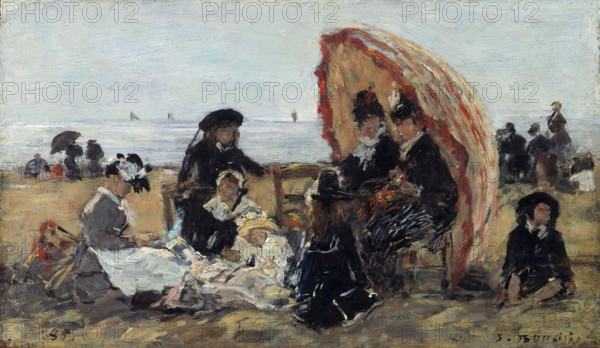 Sur la plage de Trouville à l'abri du parasol, 1885. Creator: Boudin, Eugène-Louis (1824-1898).