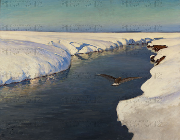 Winter landscape with river and bird, 1913. Creator: Falat, Julian (1853-1929).
