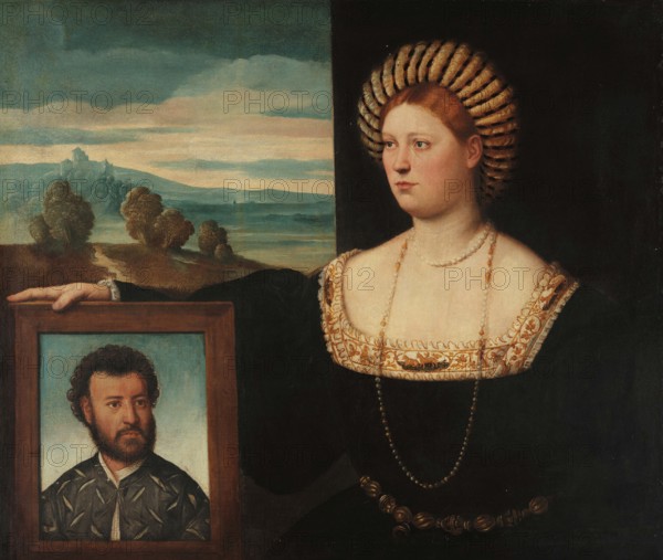 A Lady With a Portrait of Her Deceased Husband, 1525-1528. Creator: Licinio, Bernardino (ca. 1489-ca. 1565).