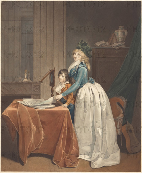 Louise Sébastienne Gély-Danton with her stepson behind a Zograscope, c1793. Creator: Boilly, Louis-Léopold, (after) .