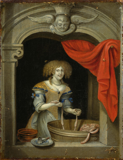 A woman making sausage. Creator: Schalcken, Godfried, (Follower) .