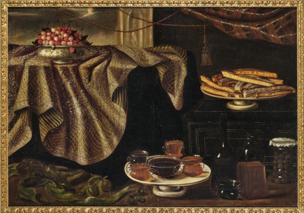 Cherries in a porcelain bowl on a draped table, a plate of cookies, jars of honey..., Early 18th cen Creator: Anonymous.