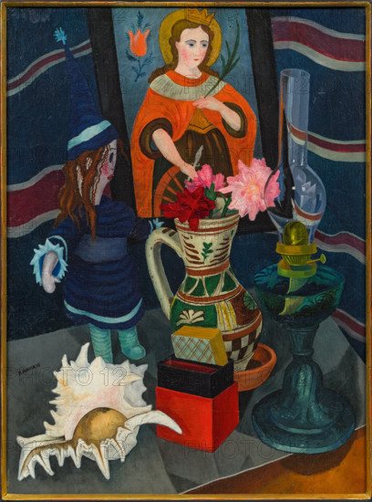 Still life with lamp, shell, doll and reverse glass painting, 1925. Creator: Wacker, Rudolf (1893-1939).