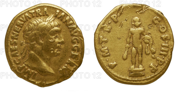 Aureus of Trajan. Obverse: Laurel head of Trajan on the right. Reverse: Statue of Hercules naked. Creator: Numismatic, Ancient Coins .