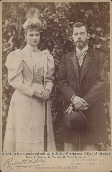 Princess Alix of Hesse and the Tsarevich Nicholas at Coburg on the day of their betrothal, 1894. Creator: Photo studio J. Russell & Sons, London .