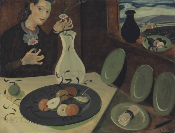 Assiette de fruits et femme disposant des fleurs dans un vase, c1947. Creator: Derain, Andrè (1880-1954).