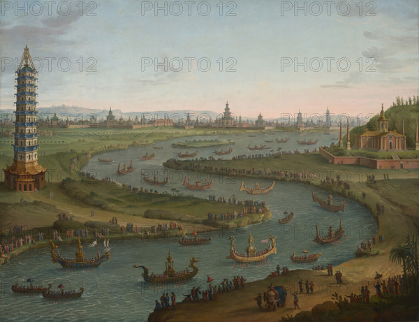 A capriccio with the French Ambassador approaching the King of Siam's Palace in a state barge... Creator: Joli, Antonio (1700-1777).