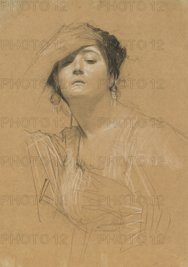 Half-Length Portrait of a Woman with Her Hand on Her Forehead, 1884-1885. Creator: Klimt, Gustav (1862-1918).