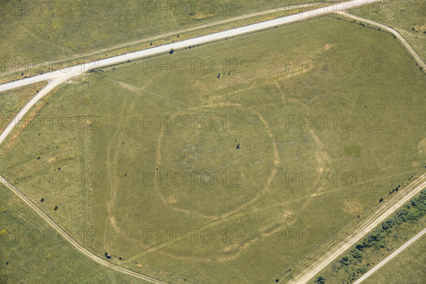 Robin Hood's Ball, a Neolithic causewayed camp showing as a parch mark, Salisbury Plain, 2022. Creator: Damian Grady.
