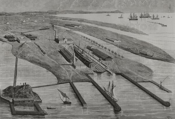Panoramic view of the Carenas Dike of Messrs. A. López y Cía. at Matagorda Beach, Cadiz, Spain,1878. Creators: Rafael Monleon, Bernardo Rico.
