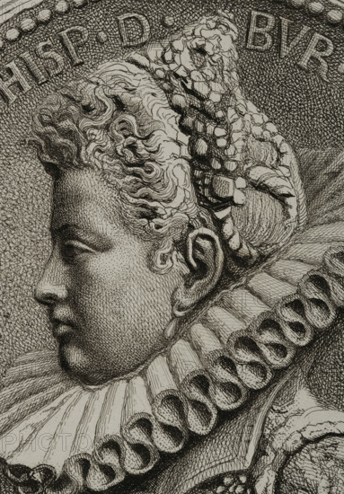 Portrait of Isabella Clara Eugenia (1566-1633), 1879. Creators: Alphonse Charles Masson, Magin Pujadas.