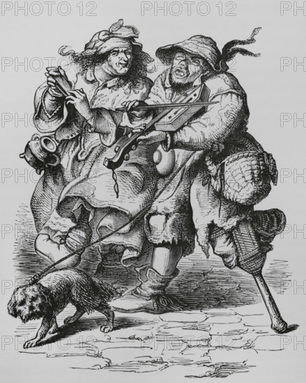 Beggar playing the fiddle, his wife accompanying him with bones, 17th-century (1878). Creator: Unknown.