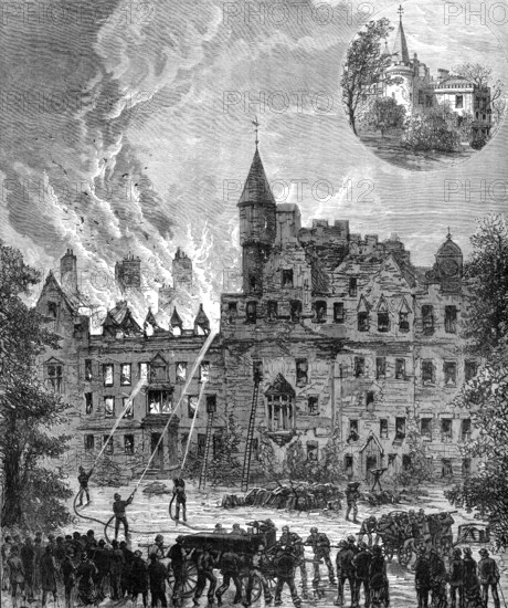 Fire at Cortachy Castle, Scotland, the seat of the Earl of Airlie, 1883. Creator: Unknown.