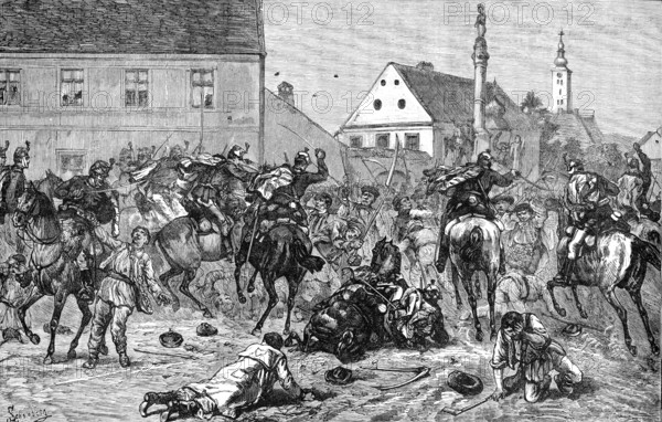 The Riots in Croatia: Hussars dispersing rioters at Agram, 1883. Creator: Unknown.