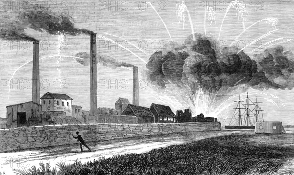 The Explosion of the Rocket Factory at Woolwich Arsenal, as seen from Plumstead Marshes, 1883. Creator: Unknown.