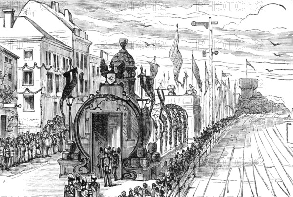 Unveiling the German National Monument at Rüdesheim: the Great Tun in the main street, 1883. Creator: Unknown.