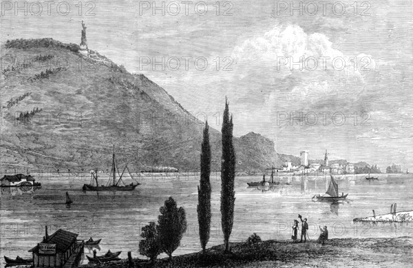 Unveiling the German National Monument at Rüdesheim: the Monument, as seen from Bingenbrück, 1883. Creator: Unknown.