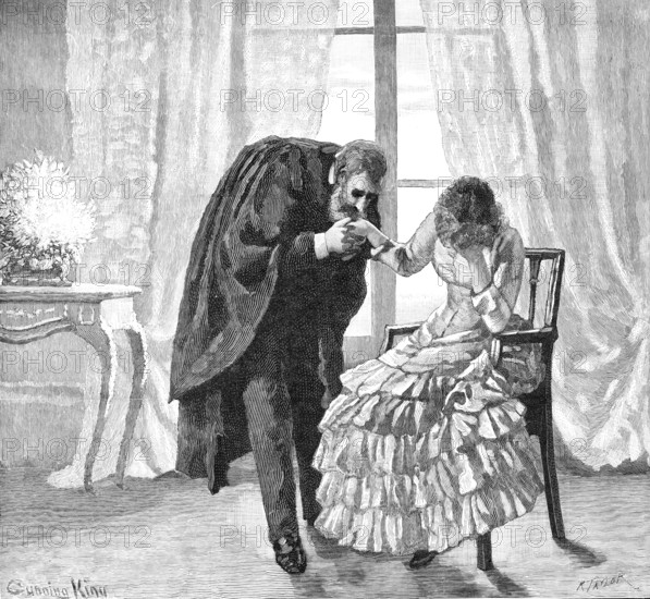 I believe it, she murmured, and held out her...hand, which he raised reverently to his lips, 1883. Creator: R. Taylor.