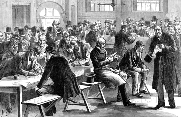 Sketches in Scotland-Yard: pension-day for the retired policemen, 1883. Creator: Unknown.