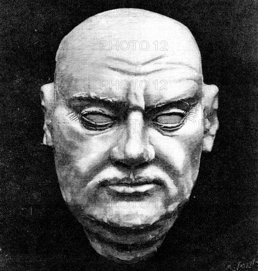 The Luther Celebration: cast of Luther's face, taken after his death..St. Mary's Church, Halle, 1883 Creator: R. Taylor.