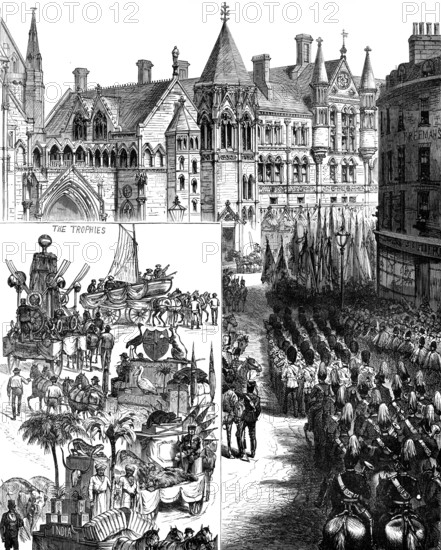 Lord Mayor's Day: procession waiting outside the new Law Courts - Indian and Colonial Trophies, 1883 Creator: Unknown.