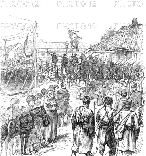 Sketches of the Insurrection in Servia; Insurgents Marching through Paratchin, 1883.  Creator: Unknown.