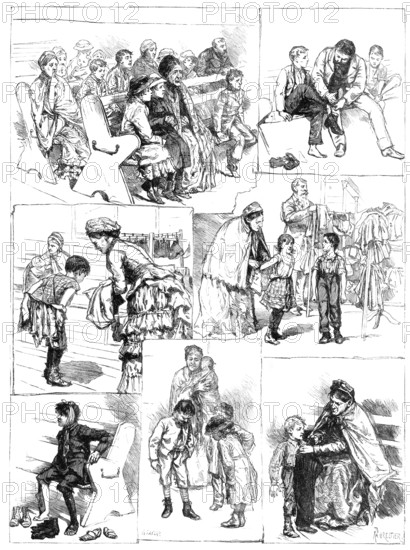 The London Samaritan Society's distribution of boots and clothing to poor children, 1883. Creator: R. Taylor.