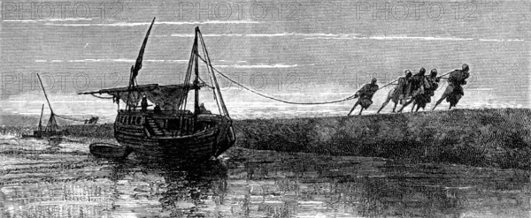 Sketches of Upper Egypt: towing on the Nile, 1883. Creator: Unknown.