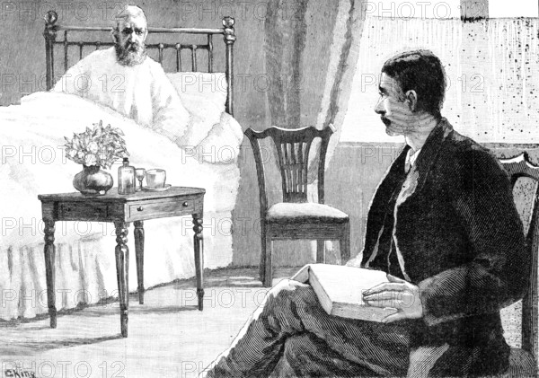 But, on looking up, his eyes fell upon the sick man, now...staring at him with stern suspicion, 1883 Creator: R. Taylor.