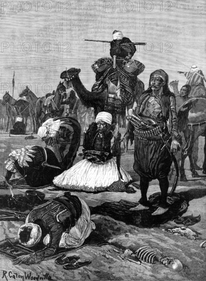 Bashi-Bazouks on the march: a halt for prayer, 1883. Creator: Unknown.