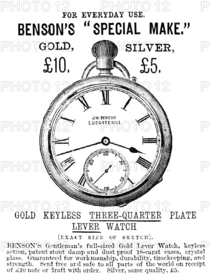 Benson's "Special Make" Gold Keyless Three-Quarter Plate Lever Watch, 1883. Creator: Unknown.