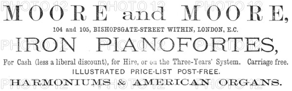 Moore and Moore, Iron Pianofortes, 1883. Creator: Unknown.