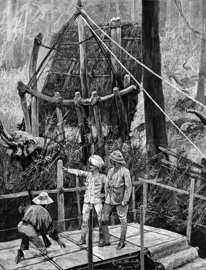 Prince Albert Victor in India: catching wild elephants, Government Khedah, Mysore District, 1890. Creator: P Naumann.