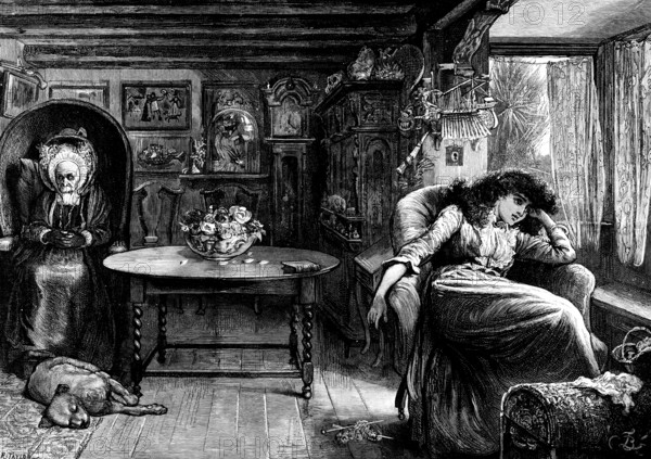 She sat leaning back in a low chair, her face turned towards the window, 1890. Creator: Unknown.