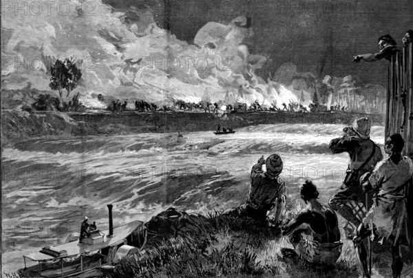 Stanley’s Emin Pasha Relief Expedition: Arabs raiding a native village on the Aruwimi..., 1890. Creator: William Heysham Overend.